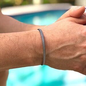 Oxidized 925 Sterling Silver Diagonal Stripe Open Cuff Bangle Handmade - 4.25mm